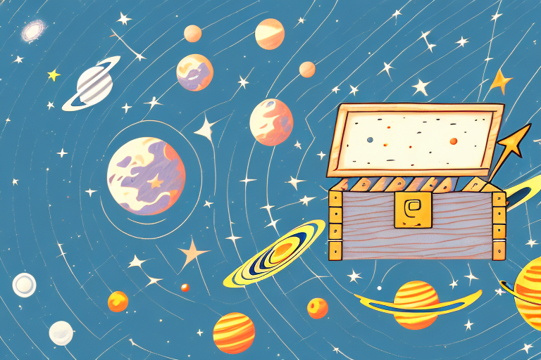 A treasure chest surrounded by stars and planets
