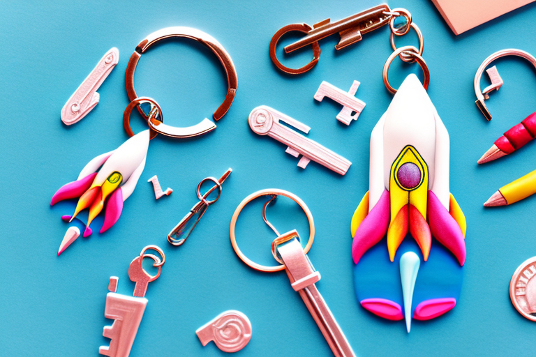 A colorful rocket ship keychain with polymer clay and key rings