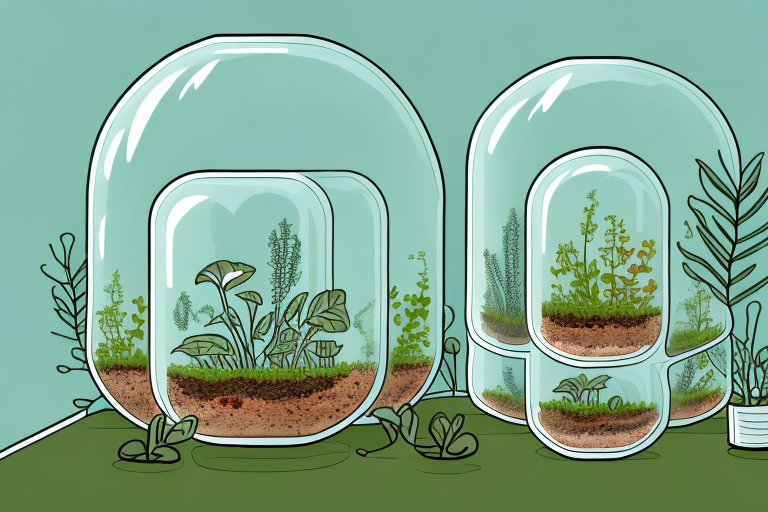 A glass jar with plants and soil inside