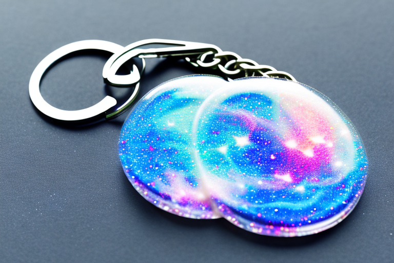A glittery galaxy-themed keychain made with resin