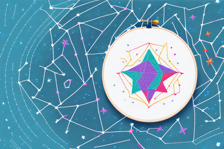 A colorful constellation of stars in an embroidery hoop
