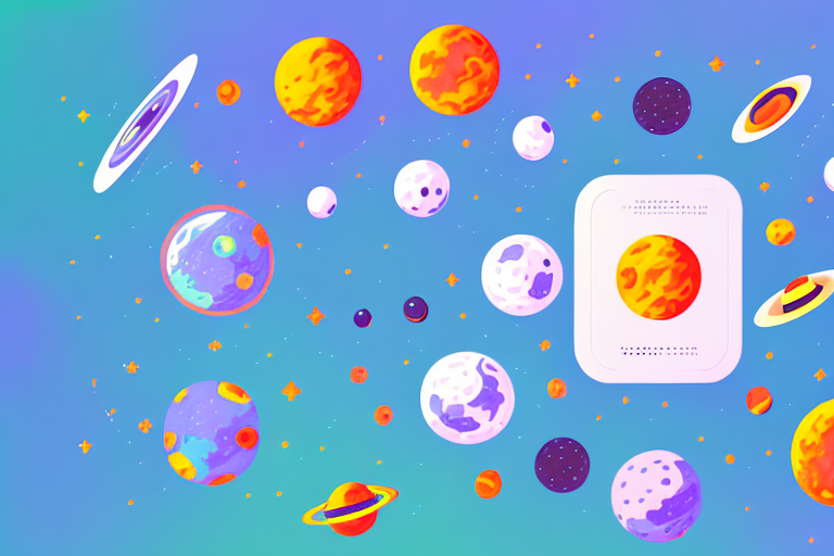 A colorful space-themed board game and card game setup