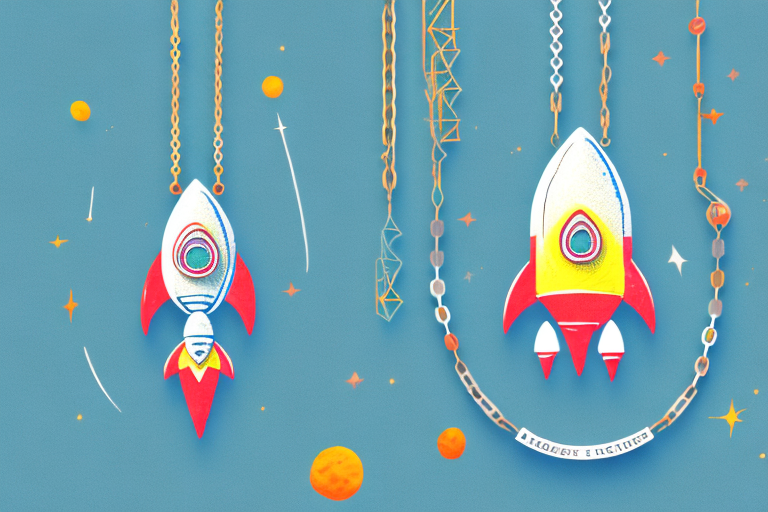 A colorful rocket ship necklace with a chain