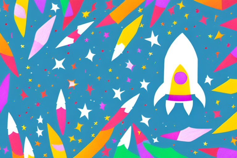 A colorful rocket ship paper garland with streamers and stars