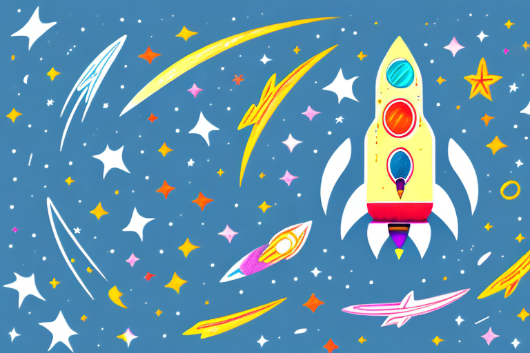 A colorful rocket ship magnet with a background of stars