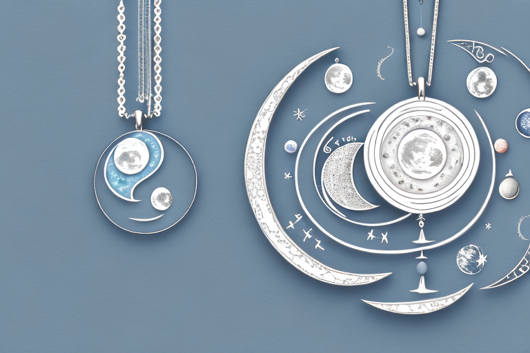 A necklace with a pendant that features the eight phases of the moon