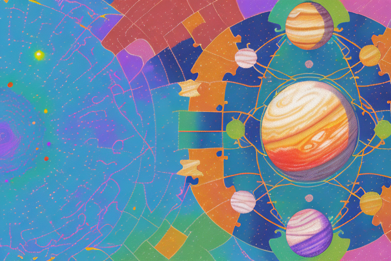 A colorful jigsaw puzzle in the shape of a planet or star